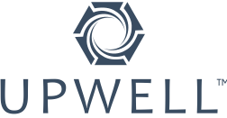 Upwell company logo with circular geometric icon on dark background