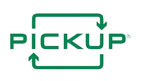Pickup delivery service logo with green arrows framing the name